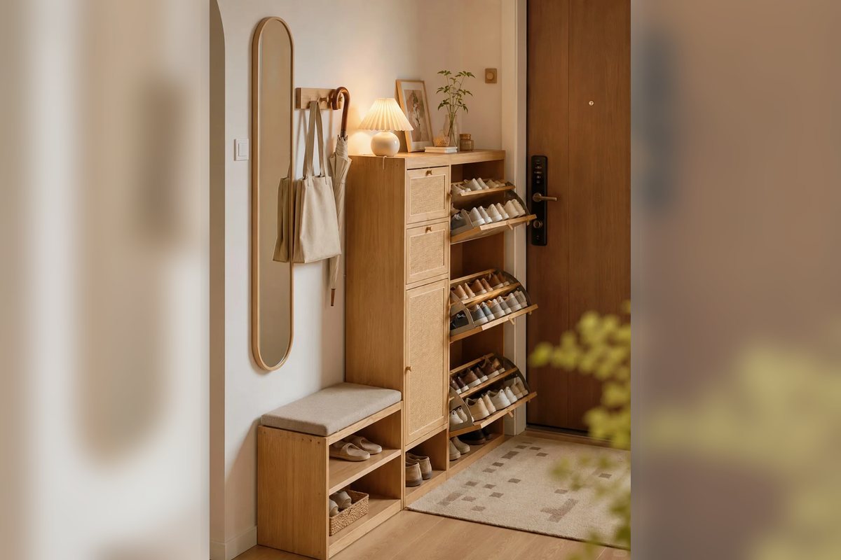 Close view of a compact shoe bench and cabinet beside an apartment door.