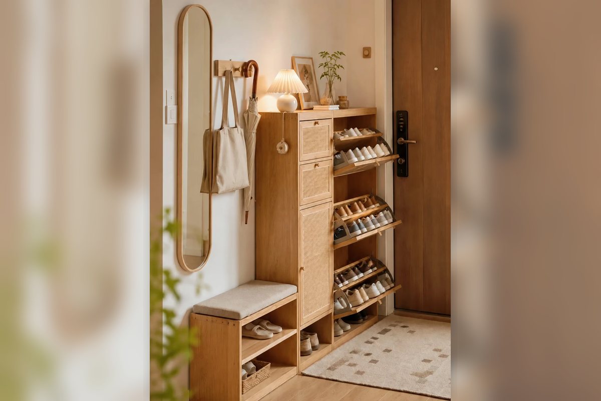 Wood entryway shoe bench with shelves, hooks, and a narrow landing zone.