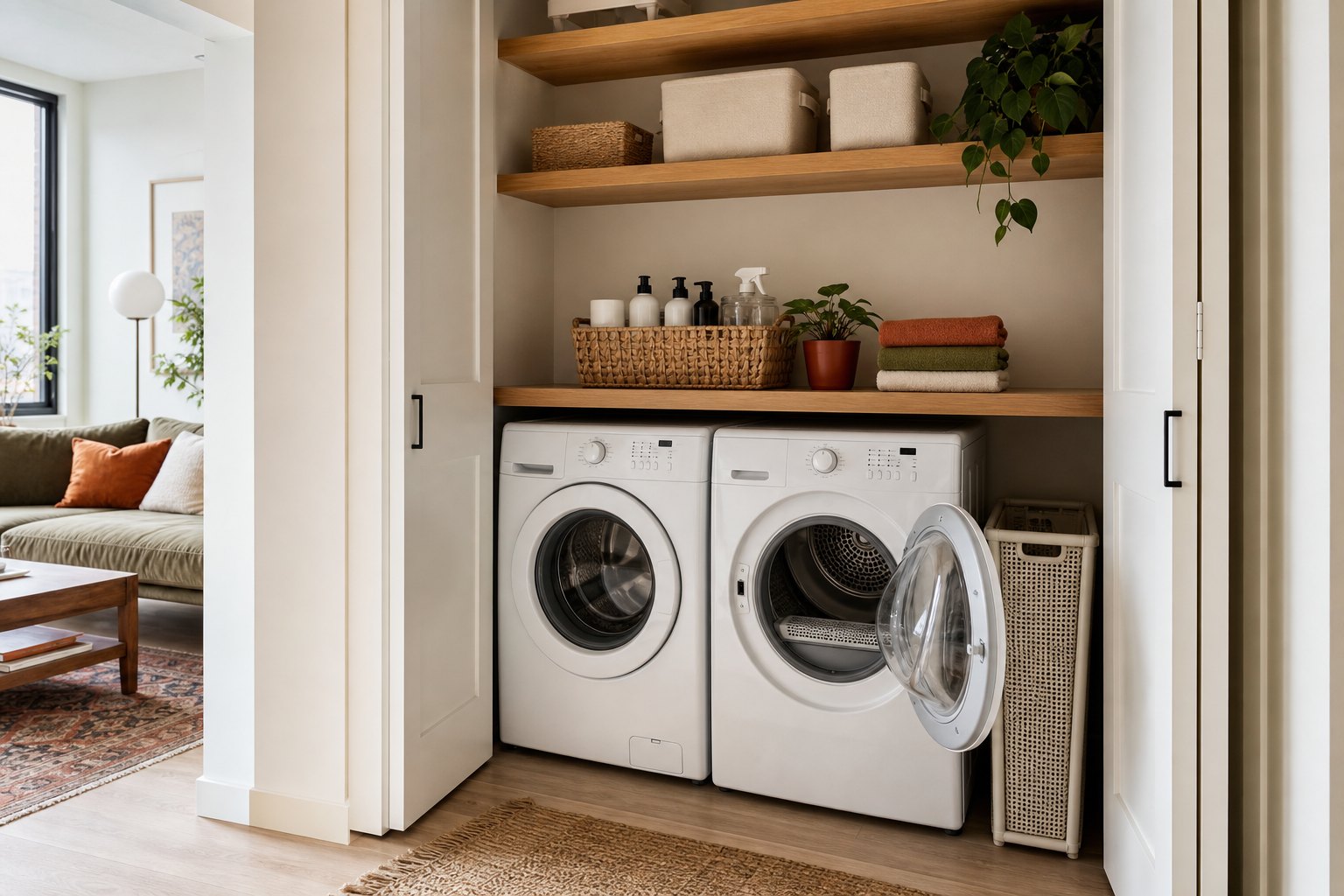 Compact apartment laundry closet with washer, dryer, upper shelves, an open dryer door, and a slim hamper at the side.