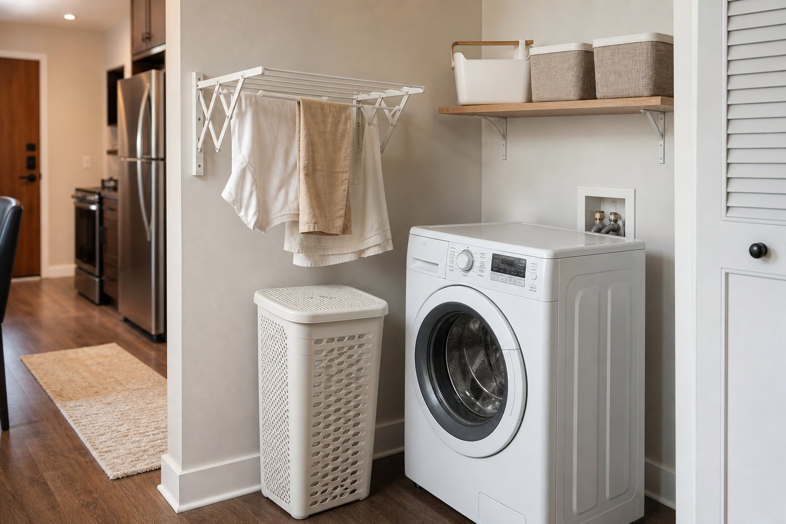 Apartment laundry corner with a tall ventilated hamper, wall drying rack, and supply shelf beside a washer.