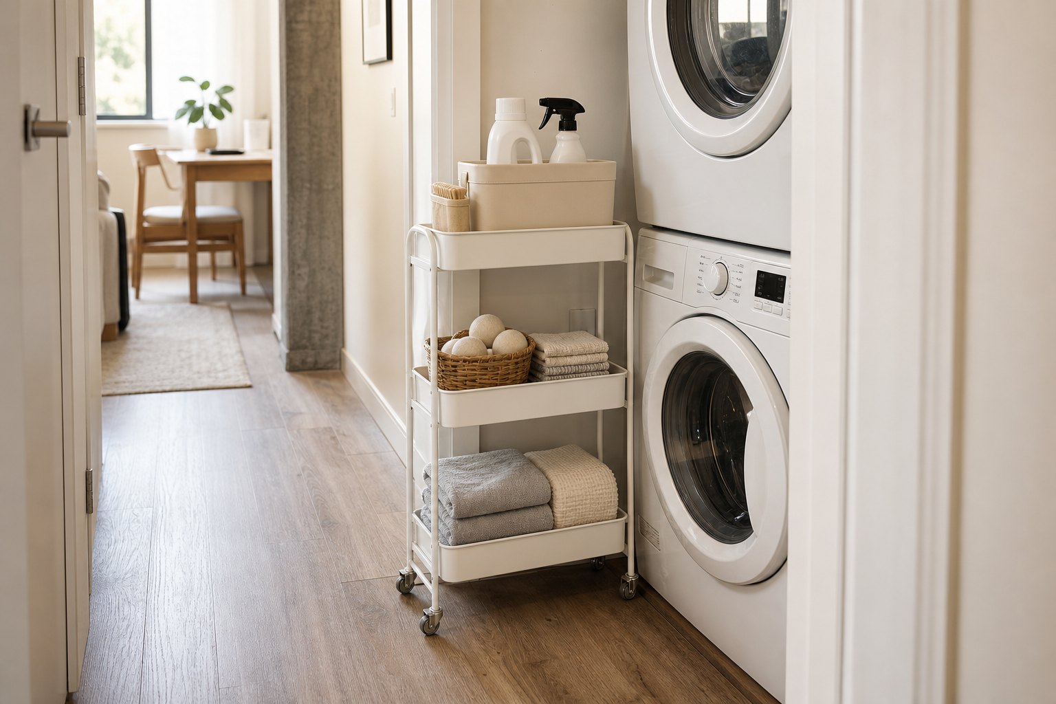 Slim rolling utility cart beside a stacked washer and dryer in a narrow apartment laundry nook.