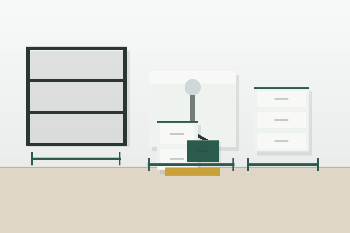 Clean measurement checklist scene showing shelf depth, door swing, under-bed clearance, and cabinet width.