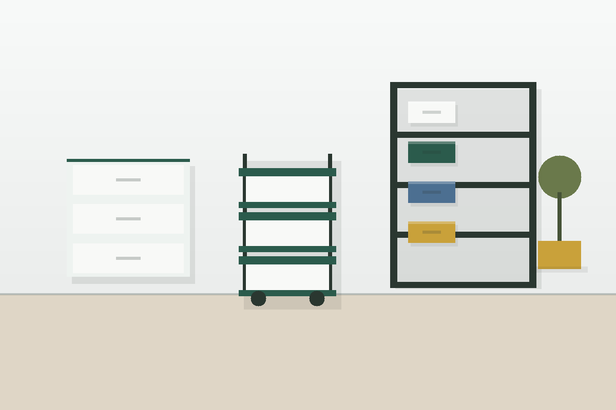 Clean move-in apartment layout with first-week storage zones for laundry, shoes, kitchen items, and desk supplies.
