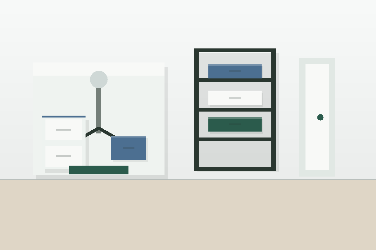 Clean no-drill bathroom storage layout with over-door hooks, shower shelves, and a narrow caddy.