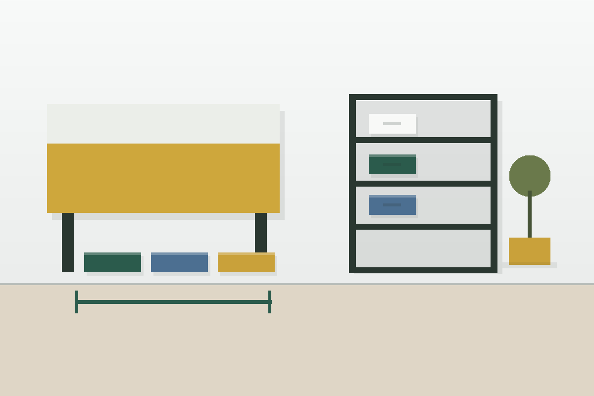 Clean storage layout with flat compressed bags under a low shelf and labeled bins nearby.