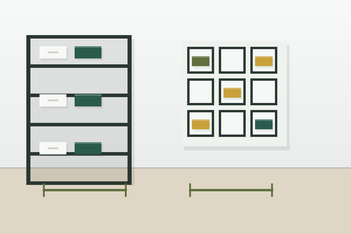 Clean comparison layout showing open wire shelving beside cube shelving with storage bins.